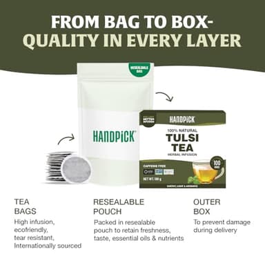 HANDPICK Original Tulsi Tea (100 count) Holy Basil Calming and Stress Relief Tea, Immune Support | Non-GMO, Caffeine-Free Herbal Tea | Ecofriendly Round Tea Bags - Image 6