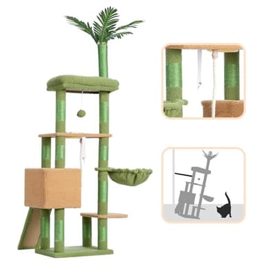 Heybly Cat Tree,Cat Tower for Indoor Cats, 65.4 inches Cat Condo with Perches, Basket, Feeding Bowl Station, Multi-Level Plush Furniture with Scratching Posts, Green and Yellow HCT015GY - Image 6