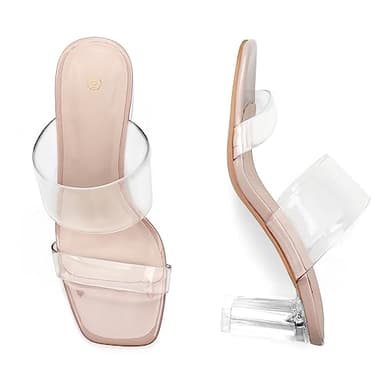 mysoft Clear Heels for Women Transparent Two Strap Block Chunky Square Heel Sandals Open Toe Slip On Sandals - Image 3