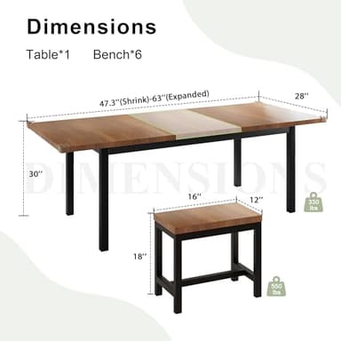 Feonase 7-Piece Dining Table Set with 6 Stools, 63" Large Extendable Kitchen Table Set for 4-8, Mid-Century Dining Room Table with Heavy-Duty Frame & MDF Board, Easy Assembly, Walnut - Image 6