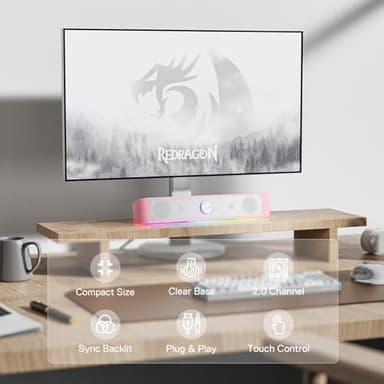 Redragon GS560 RGB Desktop Soundbar, 2.0 Channel Computer Speaker with Dynamic Lighting Bar Audio-Light Sync/Display, Touch-Control Backlit with Volume Knob, USB Powered w/ 3.5mm Cable, Pink - Image 3