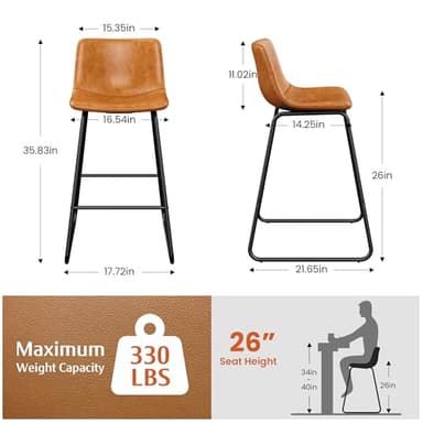 REONEY Bar Stools Set of 4, PU Leather Counter Height Bar Stools, 26" Modern Barstools with Metal Legs and Footrest, Urban Armless Dining Chairs with Backrest for Kitchen Island (Brown) - Image 3