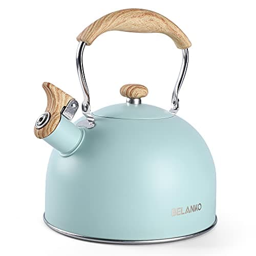 Tea Kettle, BELANKO 85 OZ / 2.5 Liter Whistling Tea Kettle, Tea Pots for Stove Top Food Grade Stainless Steel with Wood Pattern Folding Handle, Loud Whistle Kettle for Tea, Coffee, Milk - Turquoise - Image 1