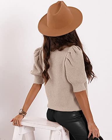 Women's Puff Short Sleeve Sweater Tops 2025 Spring Summer Trendy Crew Neck Casual T Shirts Blouses A-Beige - Image 2