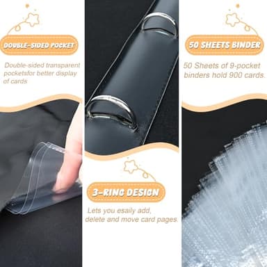 9 Pockets Trading Card Binder with 900 Double-Sided Pockets, PU Zipper Top Loader Binder with 50 Removable Sleeves for Basketball Baseball Football Playing TCG Card - Image 5