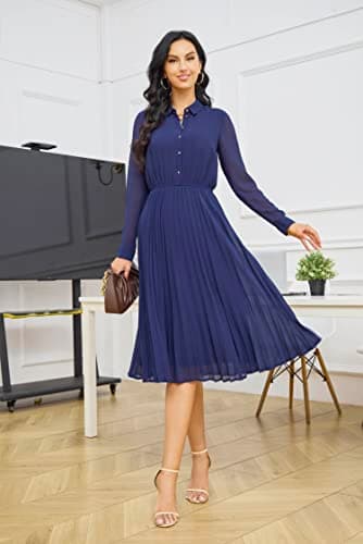 AbleTree Pleated Work Dress for Women Long Sleeve Midi Collared Dresses for Office Business Casual Church Navy Blue - Image 6
