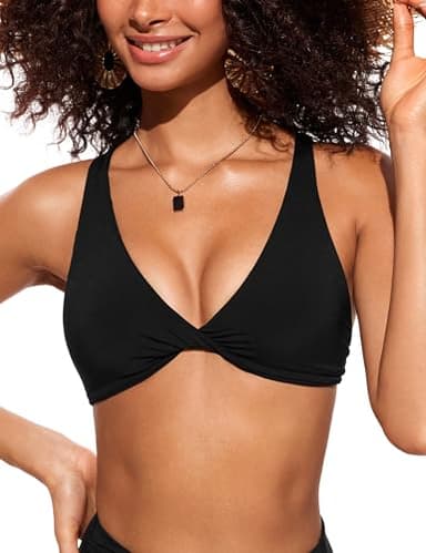 CRZ YOGA Womens V Neck Bikini Tops Twist Front Triangle Sexy Bathing Suit Criss Cross Back Swimsuit Padded Black Large - Image 1