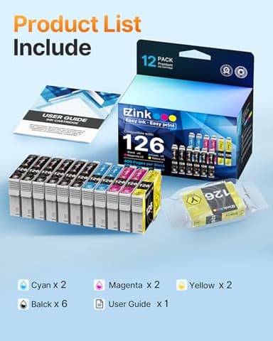 E-Z Ink (Remanufactured Ink Cartridge Replacement for Epson 126 T126 to use with Workforce 435 520 545 635 645 WF-3520 WF-3530 WF-3540 WF-7010 WF-7510 (6 Black,2 Cyan,2 Magenta,2 Yellow) 12 Pack - Image 6