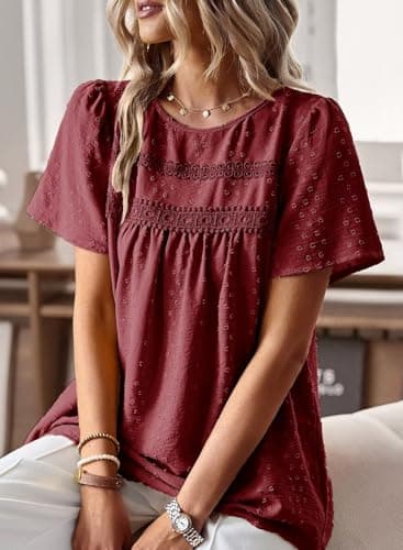 Falechay Babydoll Burgundy Tops for Women Swiss Dots Cute Pom Pom Chiffon Floral Blouse Lace Boho Round Neck Short Sleeve M - Image 2