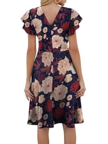 HELYO Semi-Formal Dresses for Women Fit and Flare Elegant Ruffle Sleeves V-Back Work A-Line Cocktail Party Dress with Pockets 842 Yellow Blue XXL - Image 2