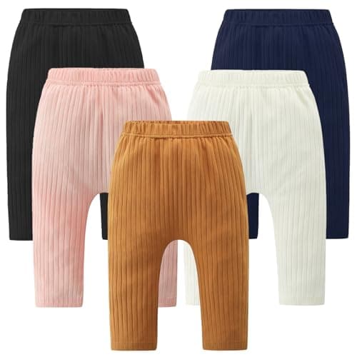 Fullfamous Baby Infant Girl Pants Cotton Ribbed 5 Pack Leggings Clothing Outfits Clothes Black/White/Navy/Pink/Mustard Yellow 6-12 Months - Image 1
