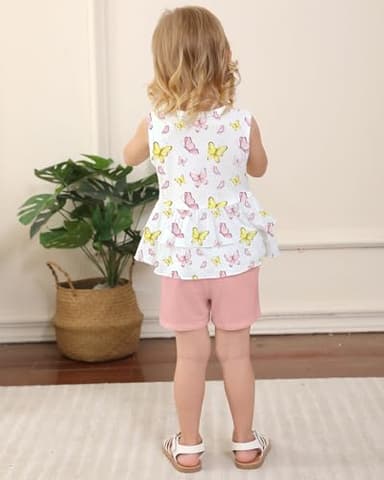 YUEMION Toddler Girl Clothes, 2Pcs Baby Girl Summer Outfits Sleeveless Bow Knot Tank Shirts Tops + Shorts Clothing Sets(Butterflies+ Pink, 4-5T) - Image 3