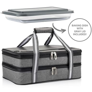 Stack Store Plus More Insulated Expandable Casserole Carrier with Baking Dish and Lid - Lasagna Holder for Picnic Potluck Beach Day Trip Camping Hiking - Hot and Cold Thermal Bag in Gray - Image 2