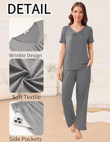 Ekouaer Pajama Sets for Women 2 Pack, Short Sleeve with Long Pant Pjs Sleepwear Comfy Lounge Sets with Pockets - Image 4