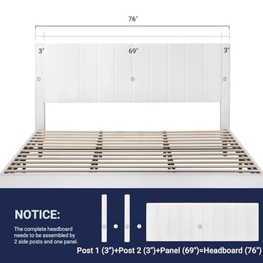 Allewie King Bed Frame/Velvet Upholstered Bed Frame with Vertical Channel Tufted Headboard/Strong Wooden Slats/Platform Bed Frame/Mattress Foundation/Box Spring Optional/Easy Assembly/White - Image 6