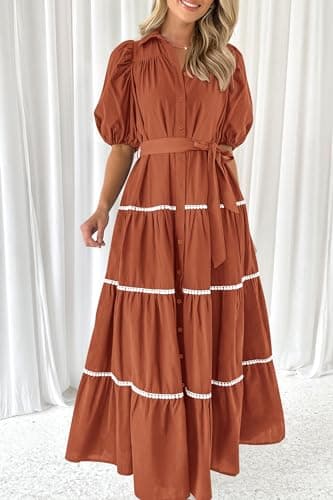 PRETTYGARDEN Women's Summer Button Down Shirt Dress Short Puffy Sleeve Tiered Ruffle Flowy Long Maxi Dresses (Rust Red,Large) - Image 3