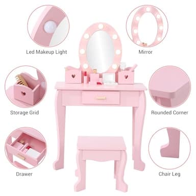 GarveeHome Kids Vanity with Lighted Mirror, Toddler Vanity Table and Chair Set, Girls Makeup Playset, Pink - Image 2