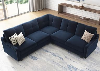 HONBAY Convertible Sectional Sofa L Shaped Couch for Small Apartment Reversible Sectional Couch for Living Room,Velvet Dark Blue - Image 4