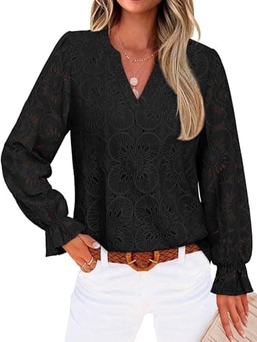Black Long Sleeve Shirts for Woman Dressy Casual Blouses Lace Eyelet Fall Tops 2025 Womens Fashion Going Out Date Night Outfits Embroidered L - Image 1