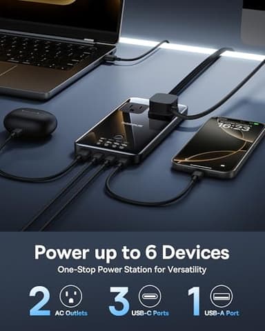 Baseus Blade Charging Station 140W, 6-in-1 Compact USB C Power Strip with 5ft Detachable Flat Extension Cord, Digital Display, Slim Fast Desktop Charger for Work and Travel (Not a Portable Battery) - Image 2