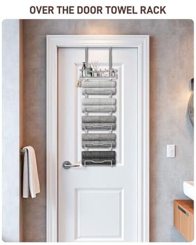 Aetyord Hanging Towel Racks for Bathroom No Drill - Over The Door 6-Tier Bath Towel Storage Organizer for Small Bathrooms-Back Door Large Tiered Towel Holder Hanger for Rolled Towels RV Camper Silver - Image 2