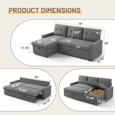 IULULU Sleeper Sofa, L Shaped Sectional Couch with Pullout Bed, Reversible Storage Chaise, 2 in 1 Pull Out Couches for Living Room, Apartment, Medium Grey - Image 2