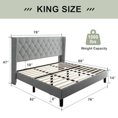 Feonase King Size Bed Frame with Wingback Tufted Headboard, Upholstered Platform Bed Frame with Heavy Duty Wooden Slats Support, Noise-Free, No Box Spring Needed, Easy Assembly, Light Grey - Image 2