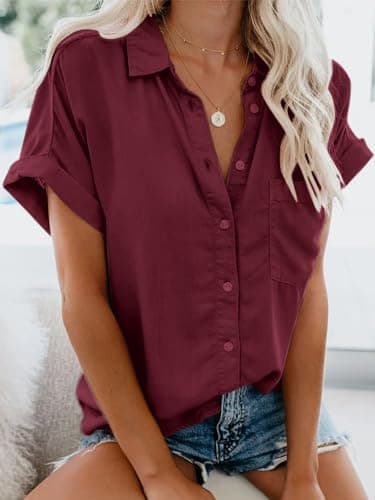 Womens Button Down Casual Shirts Cotton Short Sleeve Blouses Solid Summer Tops with Pocket Red Wine - Image 2