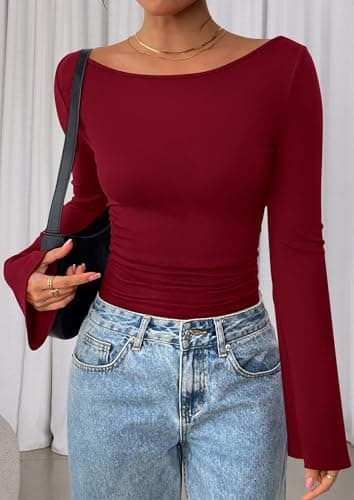 PRETTYGARDEN Women's Long Sleeve Shirts 2025 Fall Crop Going Out Tops Casual Boat Neck Bell Sleeve Ribbed Ruched Y2K Clothes (Burgundy,Large) - Image 4