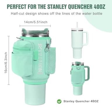 Nuovoware Water Bottle Carrier Bag Fits Stanley Quencher 40OZ, Water Bottle Holder with Strap and Pocket, Neoprene Water Bottle Pouch Sleeve Sling Bag for Hiking Travelling Camping, Mint Green - Image 2