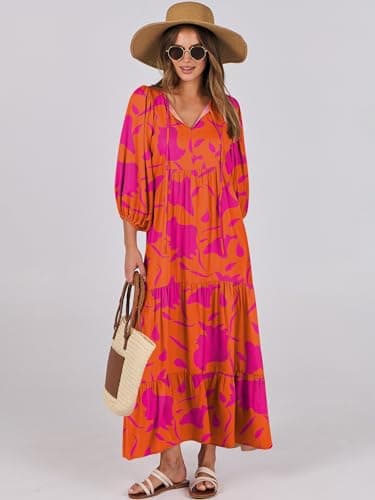 ANRABESS Womens Boho Maxi Dresses 2025 Summer V Neck Puff Sleeve Floral Flowy Swing Casual Long Dress Orange Rose Floral XX-Large - Image 8