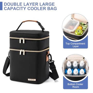 BABEYER Breastmilk Cooler Bag with Ice Pack Fits 6 Baby Bottles Up to 9 Ounce, Double Deck Leak-Proof Baby Bottles Bag with Shoulder Strap for Nursing & Working Mom, Black - Image 2