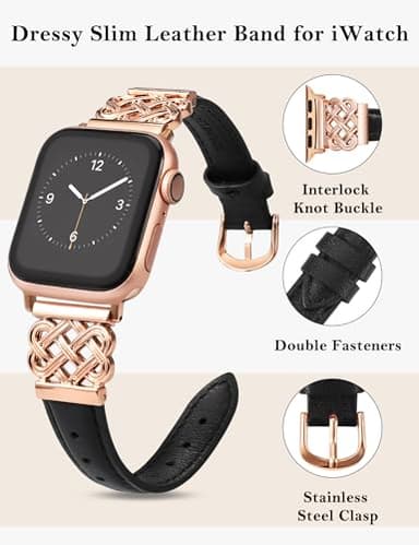 TOYOUTHS Compatible with Apple Watch Bands Women 38/40/41/42mm Dressy Slim Thin Leather Strap with Celtic Knot Interlock Buckle Bracelet for iWatch Series 11 10 9 8 7 6 5 4 SE 3 2 1, Black/Rose Gold - Image 2