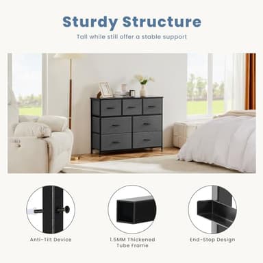 DUMOS Dresser for Bedroom with 7 Fabric Drawers, Chest Organizer Units for Clothing, Closet, Bedroom, Storage Tower with Cabinet, Metal Frame, Wooden Top, Lightweight Nursery Furniture, Grey - Image 7