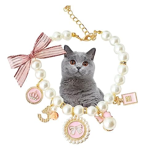 YEZILUU Fashion pet Necklace cat Collar,Cat Pearl Collar, Kitty Puppy Bell Necklace, Cute Personalized pet Gifts for cat Lovers (M, Pink) - Image 1