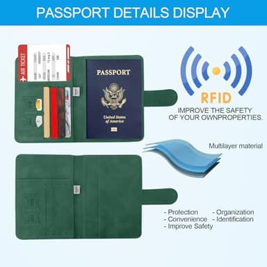 Sovirose Passport Holders, RFID Blocking Credit Card Holder, PU Leather Passport Holders for Travel with Magnetic Buckle, Travel Must Haves Cruise Ship Essentials for Men, Women (Green) - Image 3