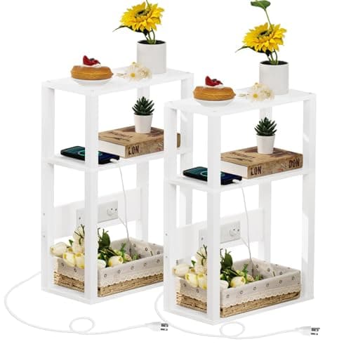 YUFAM 3-Tier Small Narrow Wood Side Table Set of 2 with Charging Station - Skinny Nightstand for Small Spaces, Slim Bedside Table with USB Ports and Outlets - Thin End Table with Storage, White - Image 1
