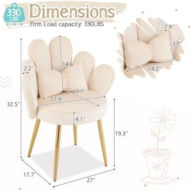 VINGLI Petal Makeup Vanity Chair with Back,Flower Cute Girls Desk Chair Comfy No Wheels,Modern Dining Chair,Small Accent Chair with Adustable Gold Legs&Bow Pillow for Home Office,Bedroom,Velvet,Beige - Image 2