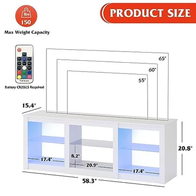 WLIVE LED TV Stand for 65-Inch TV, 58-Inch Entertainment Center with Adjustable Glass Shelves, Modern Media Console for Living Room & Bedroom, White - Image 3