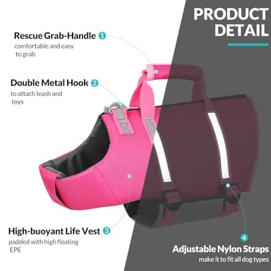 Queenmore Large Dog Life Jacket, Floating Vest for Swimming and Boating, Lightweight Adjustable Reflective Lifesaver With Back Zip, Rescue Handle, Leash Hook (Fuchsia L) - Image 5