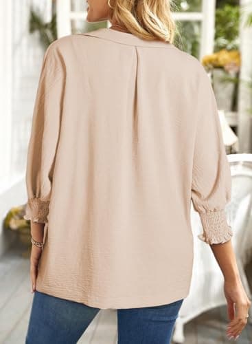Dokotoo Women Blouses Fall Shirts for Women 2025 Fashion V Neck Business Casual Outfits 3/4 Length Sleeve Womens Tops Dressy Plus Size Spring Clothes Loose Fit Apricot Tops for Women Clothing XL - Image 2