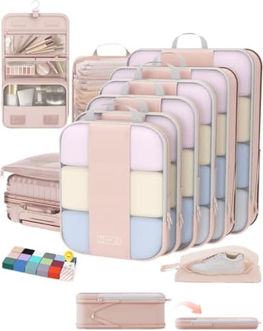 10 Set Compression Packing Cubes for Travel Women Mom,OlarHike Luggage Clothes Storage Gifts for Travelers,Airplane/Cruise/Car/Train Travel Essentials,Compressible Expandable Saver Space Bags(Beige) - Image 1
