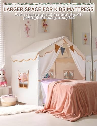 Besrey Kids Play Tent 2 in 1 with Padded Mat and Lights, Large Kids Playhouse with 2 Doors & 4 Windows, Indoor & Outdoor, Christmas Toddler Tent, 51" x35" x 51" - Image 3