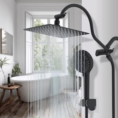Hibbent All Metal High Pressure Rainfall 10 Inch Shower Head/Handheld Showerhead Combo/ 12 Inch Adjustable Curved Shower Extension Arm, 10-Spray, 71-inch Hose, Adhesive Showerhead Holder, Matte Black - Image 2