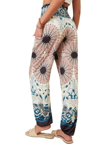 QIANXIZHAN Women's Harem Pants, High Waist Yoga Boho Trousers with Pockets Apricot Flower XL - Image 2