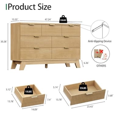 Fluted Dresser for Bedroom with 7 Drawers, 48" Wide Modern Chest of Drawers with Metal Handle, Wood Dresser TV Stand, Wooden Closet Clothes Storage Organizer for Living Room, Hallway, Natural Oak - Image 2