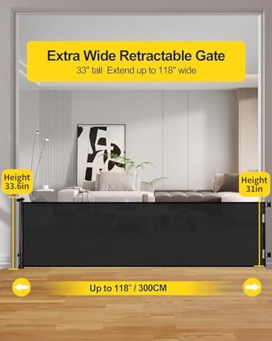 Dearlomum 118 Inch Extra Wide Retractable Baby Gate - Mesh Safety Fence for Indoor, Outdoor, Stairs, Deck - Large Pet Dog Gate (Black) - Image 2