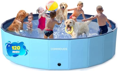 COMMOUDS 120 Inch Foldable Dog Pool, Extra Large Collapsible Hard Plastic Dog Kiddie Family Swimming Pool, Portable Pet Bath Tub Wading Pools for Kids and Puppy Small Medium Large Dogs - Image 1