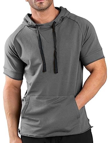 COOFANDY Gym Hoodie for Men Workout short sleeve hoodies Pullover athletic muscle fit hooded sweatshirts Dark Grey - Image 1