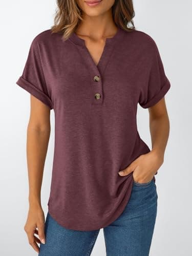 AUTOMET Women's Short Sleeve Shirts Henley Dressy Casual Summer Tops 2025 Trendy Blouses Cute T-Shirts Outfits Clothes Wine L - Image 6